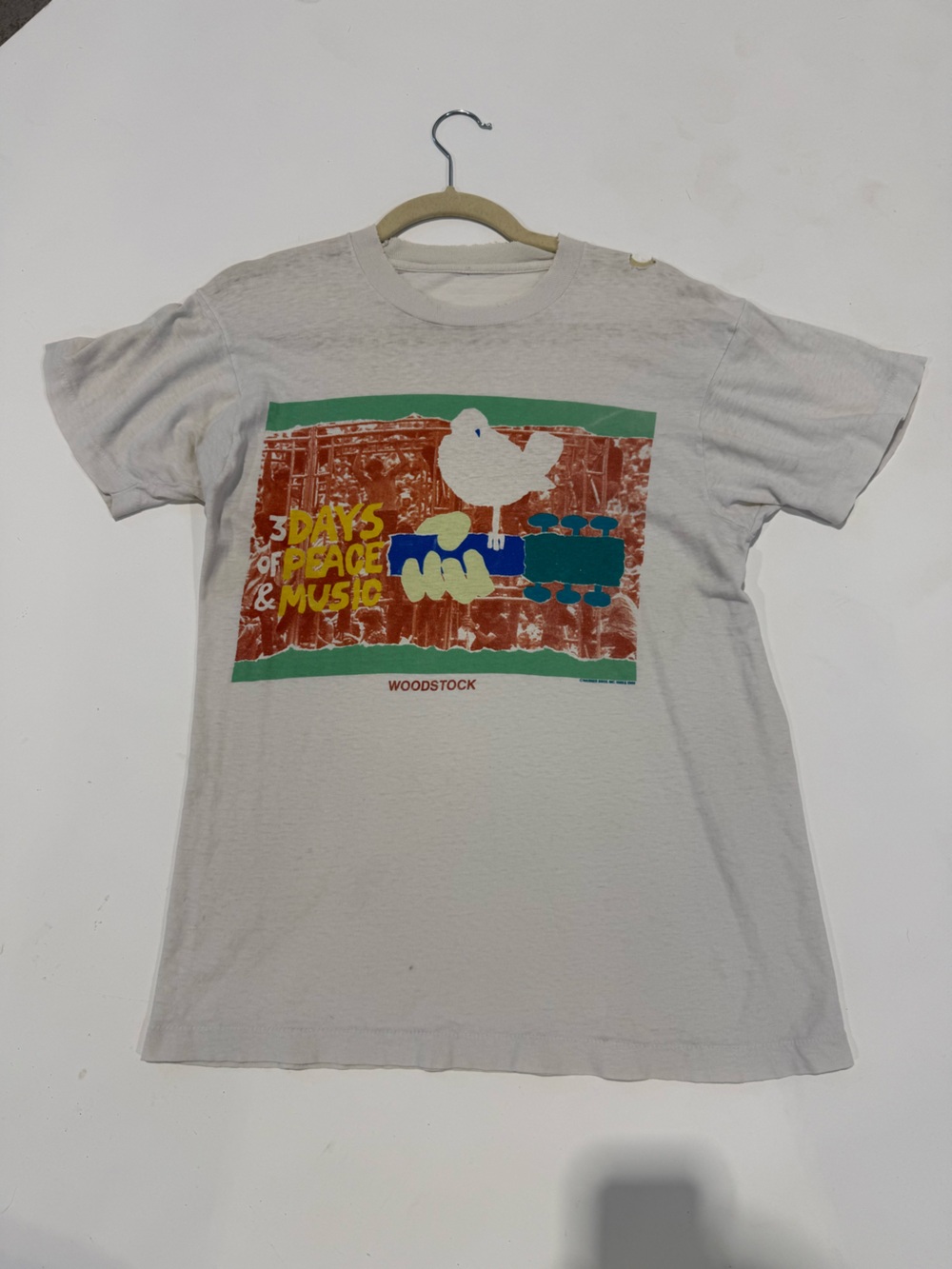 Vintage White Woodstock Graphic Tee with Multicolor Print